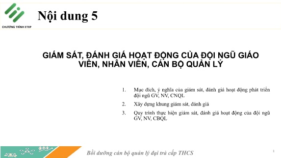 Bài giảng Bồi dưỡng cán bộ quản lý đại trà cấp Trung học Cơ sở - Nội dung 5: Giám sát, đánh giá hoạt động của đội ngũ giáo viên, nhân viên, cán bộ quản lý
