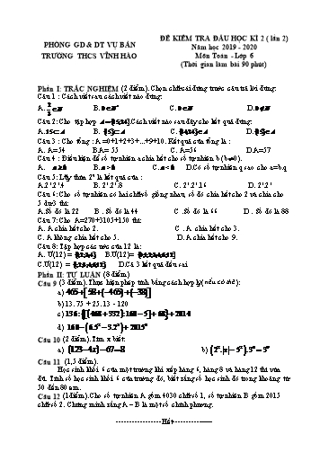 Đề kiểm tra đầu học kì 2 Toán Lớp 6 (Lần 2) - Trường THCS Vĩnh Hào (Có đáp án)