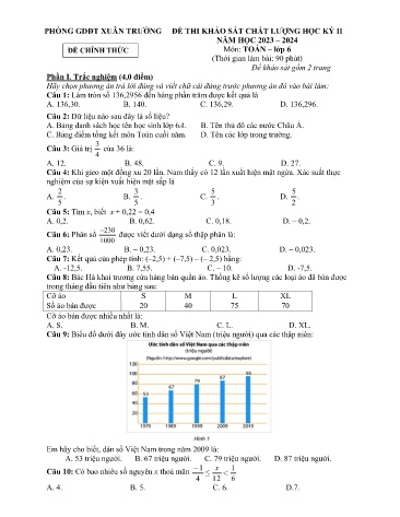 Đề thi khảo sát chất lượng học kì 2 Toán Lớp 6 Sách Kết nối tri thức - Năm học 2023-2024 - Trường THCS Xuân Thượng