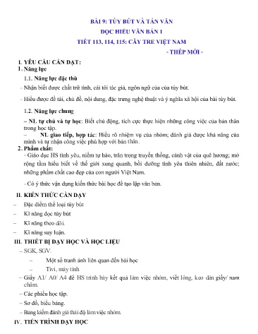 Kế hoạch bài dạy Ngữ Văn Lớp 6 Sách Cánh diều - Bài 9: Tùy bút và tản văn - Tiết 113+114+115: Đọc, hiểu văn bản Cây tre Việt Nam - Trường THCS Lộc Hạ