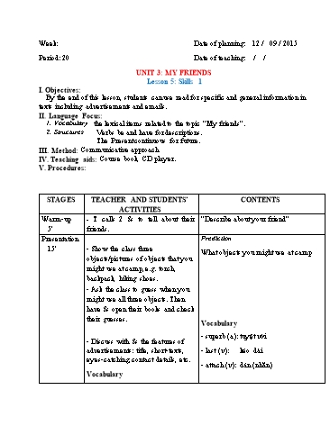Giáo án Tiếng Anh Lớp 6 - Unit 3: My friends - Lesson 5: Skills 1